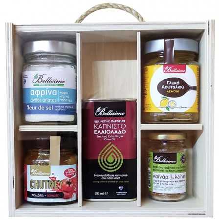 Συσκευασία Δώρου Αφρίνα, Chutney τομάτα, Καπνιστό ελαιόλαδο, Γλ. Κουτ. Λεμόνι, Καϊνάρι 