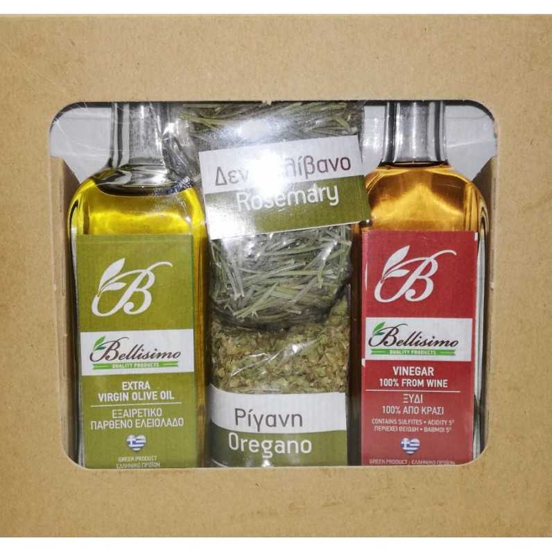 Συσκευασία Δώρου Ελαιόλαδο (100ml) – Ξύδι (100ml) – ρίγανη (25gr) – δενδρολίβανο (25gr)